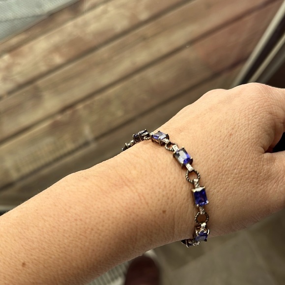 ADI 925 Sterling Silver Gold Overlay Tennis Bracelet Thailand 11 blue stones 🧊 - Picture 4 of 16